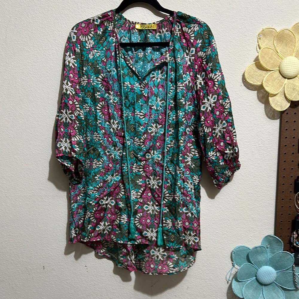 Persaman‎ New York Graphic Green and Blue Blouse 3/4 Sleeve